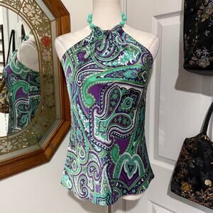 Y2K INC International Concepts Purple, Green & Aqua Paisley Silk Halter Top